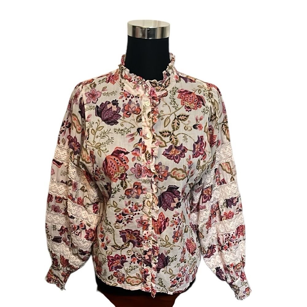 House of Harlow 1960 Floral Ruffle Puff Balloon Lace Sleeve Oversize Blouse Top